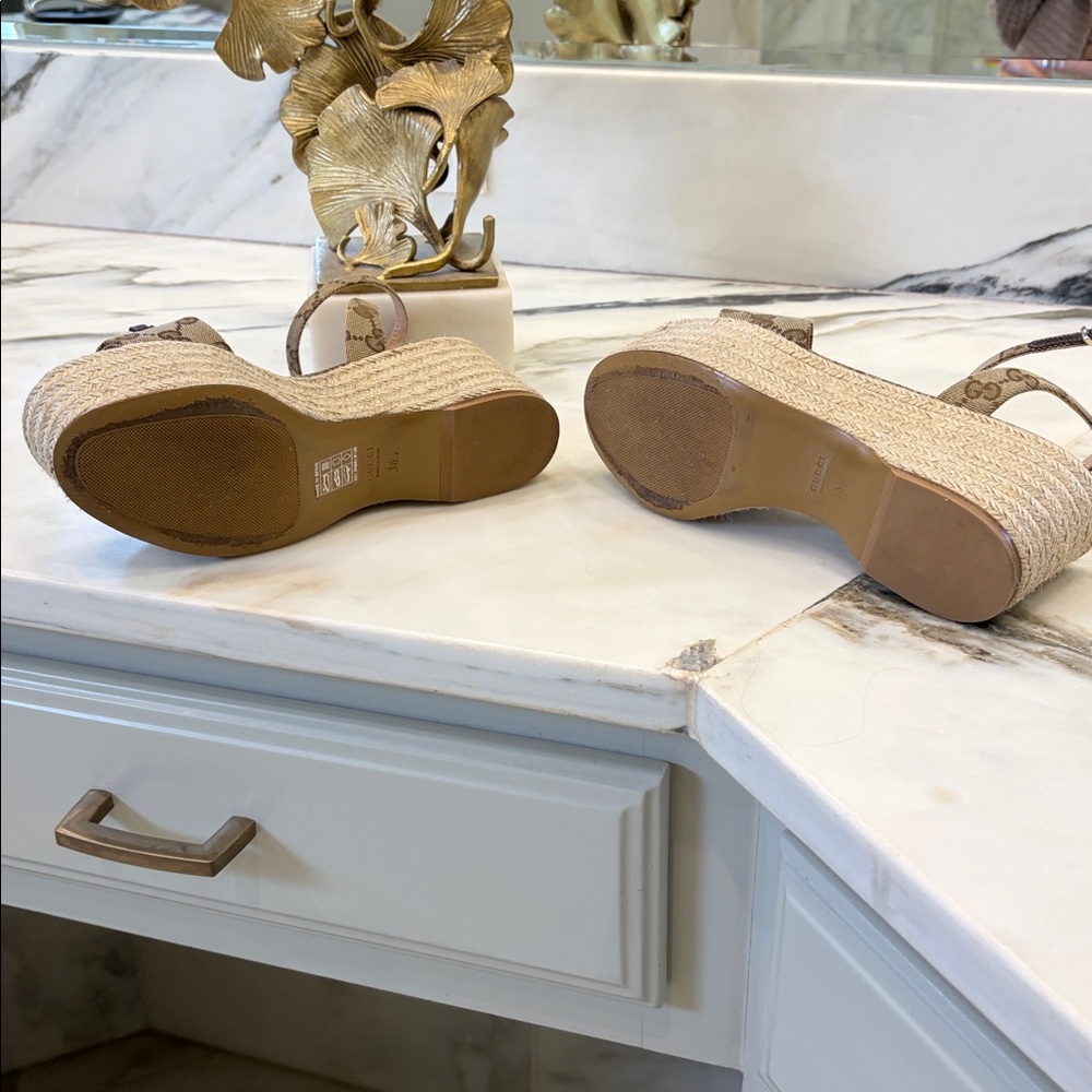 Gucci Beige Monogram Espadrille Platform Sandals - Picture 5 of 8